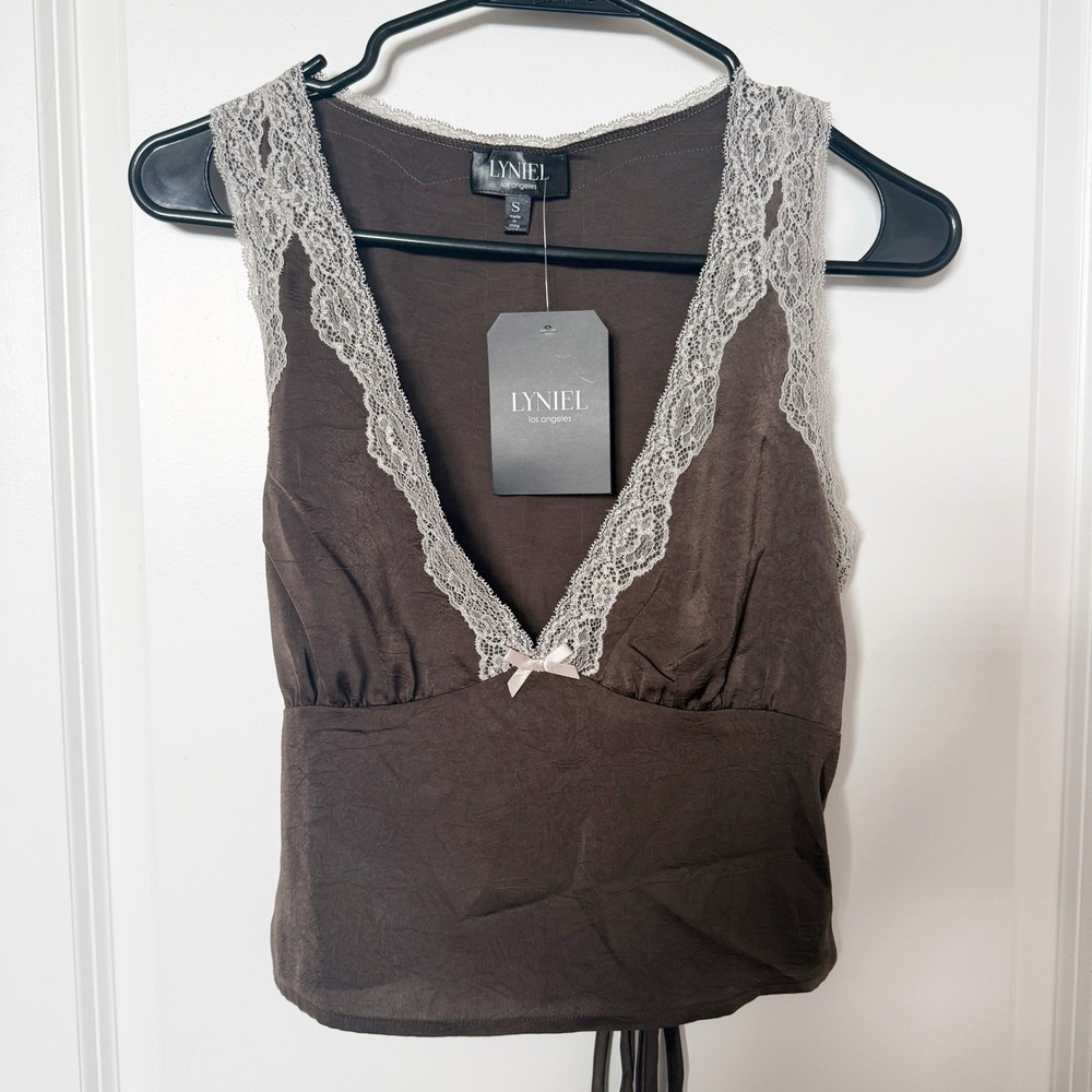 Lyniel Y2K Lace Trim Babydoll Top Small Chocolate Brown Fairy Dainty Back Tie